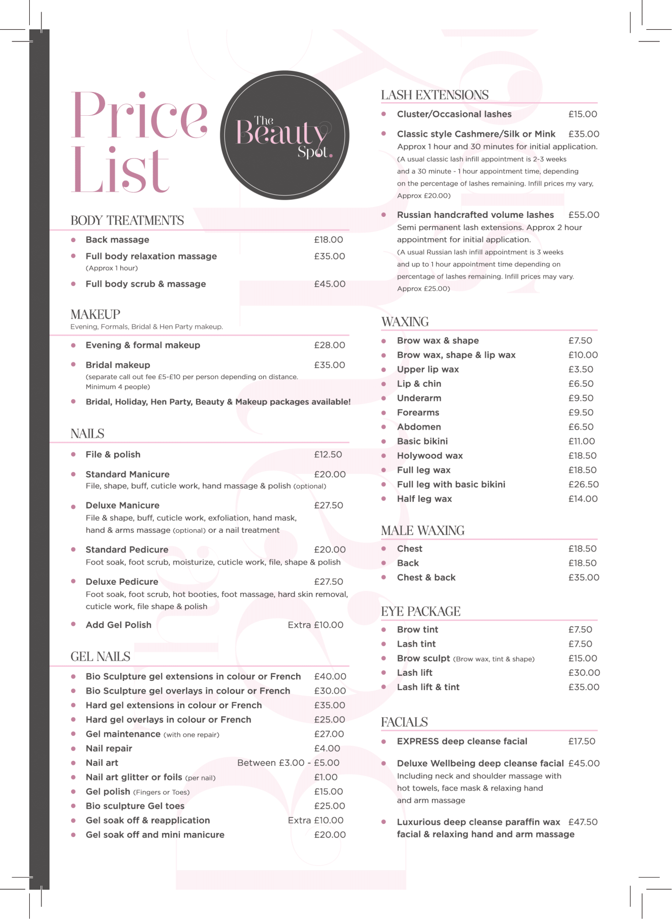 The Beauty Spot Price List