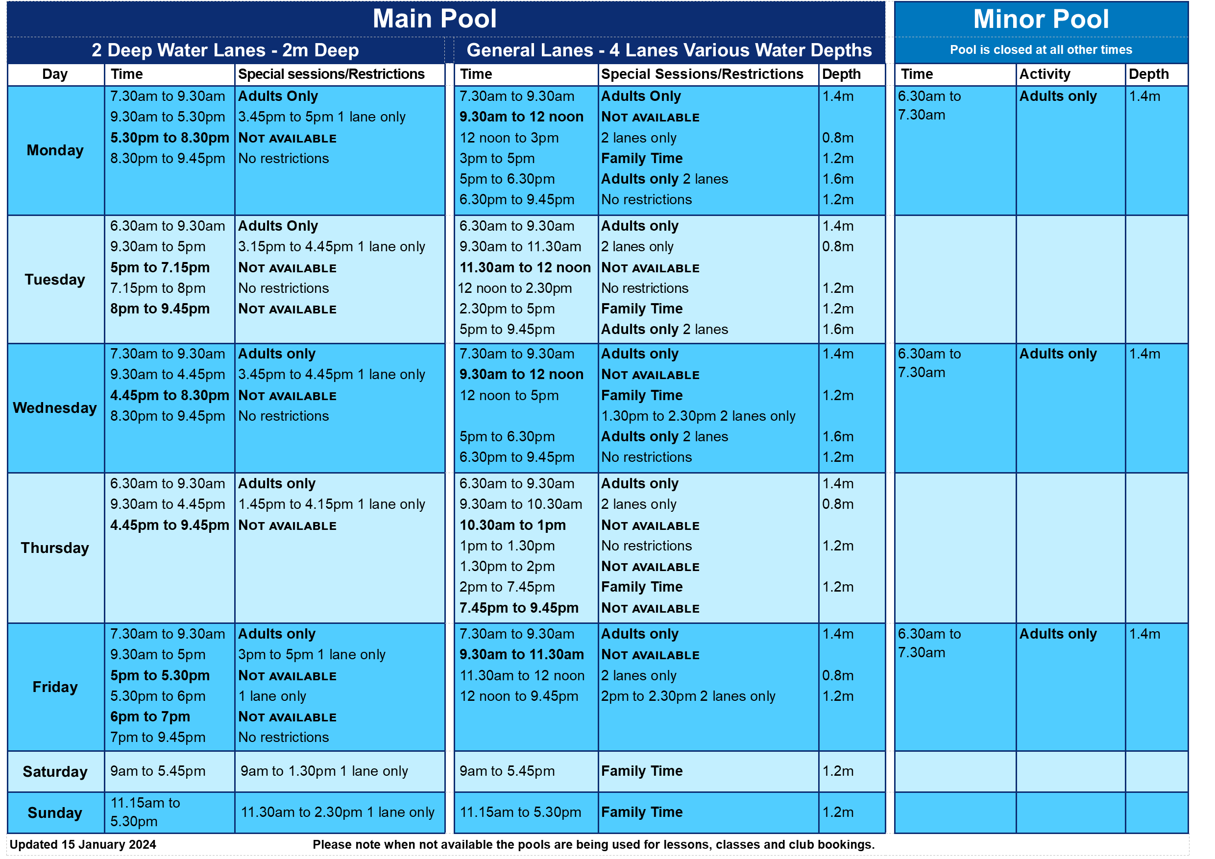 Pool Timetable January 2024