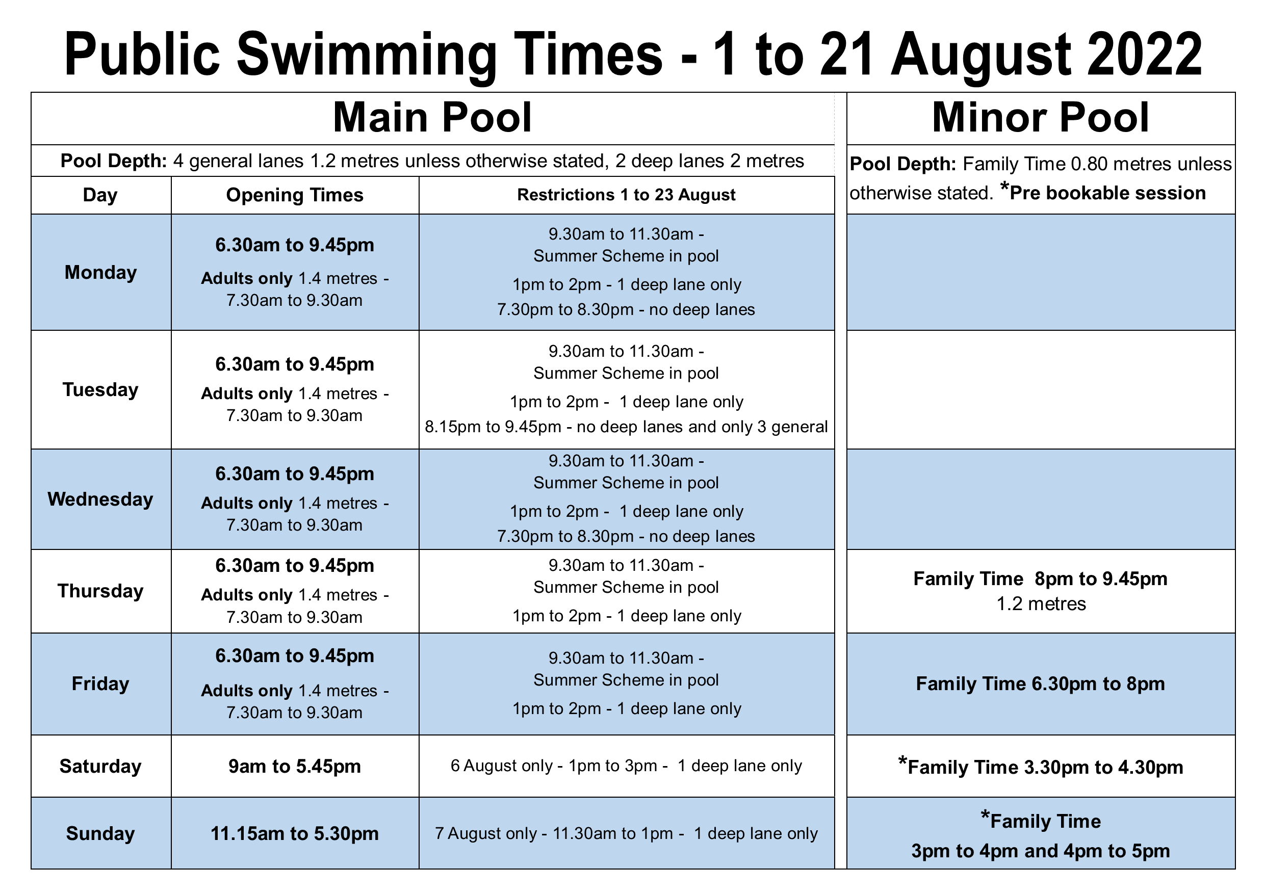 Pool timetable 1 to 21 August 2021