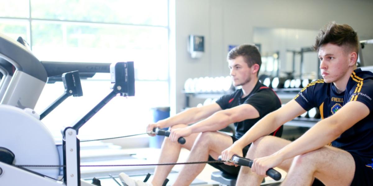 Students on rowing machines in the gym
