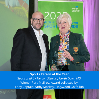 Lady Captain Kathy Mackey, Holywood Golf Club collecting the Sports Person of the Year award for Rory McIlroy