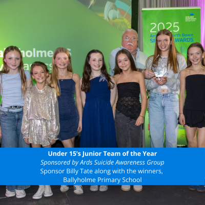 Ballyholme Primary School receiving Under 15’s Junior Team of the Year award.